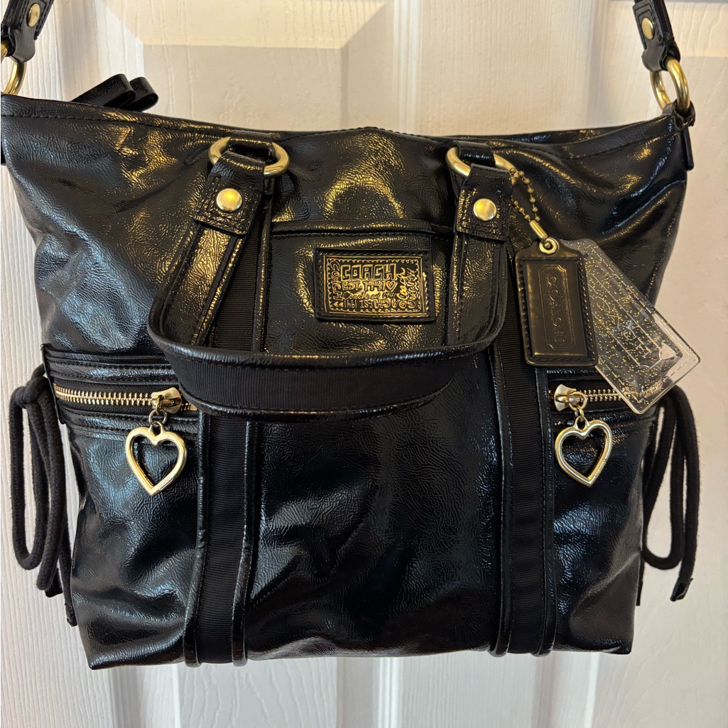 Rare Coach Poppy Daisy 2012 (F20047) Liquid Gloss Black Leather Tote Bnot